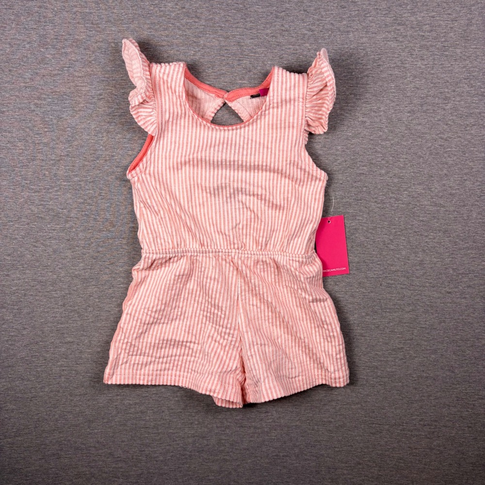 Vince Camuto Romper Girls 4 Pink Seersucker Stripe Ruffle Keyhole Back